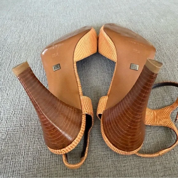 GIORGIO ARMANI Womens Croc Embossed Leather Heels Brown Tan Slingback Sz 38 1/2 - Picture 8 of 13